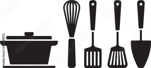 Black silhouette kitchen pot and cooking utensils whisk