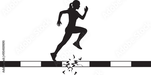 Female athlete running and breaking barrier silhouette symbolizing determination strength challenge motivation achievement sports success and personal breakthrough concept.