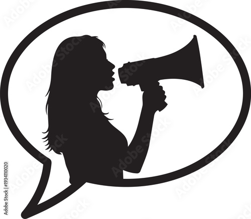Woman speaking through megaphone inside speech bubble silhouette symbolizing announcement communication marketing protest voice leadership activism message concept.
