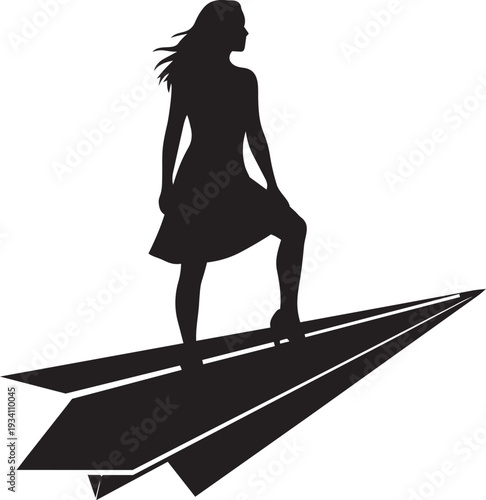 Woman standing on paper airplane silhouette symbolizing ambition travel freedom leadership success journey startup vision innovation and forward progress concept.