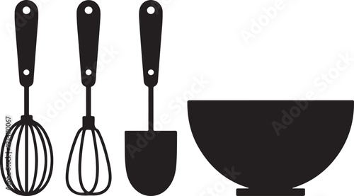 Black silhouette kitchen utensils and bowl whisk spatula