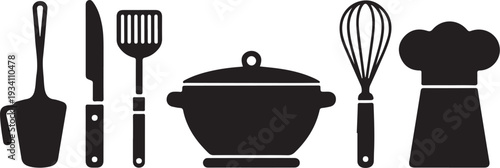 Black silhouette kitchen utensils and chef hat on white