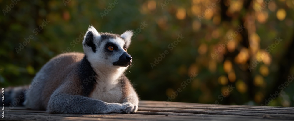 Obraz premium The lemur chilling in cozy sunlight on a wooden deck or boardwalk.
