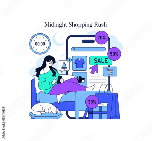 Midnight Online Shopping Frenzy Vector Illustration