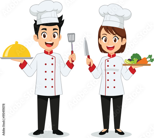 Cute male and female chef characters vector illustration with uniform hat and cooking tools
