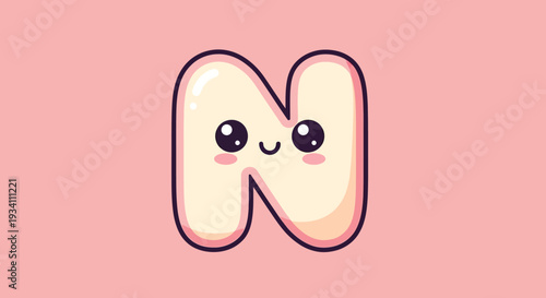 Cute Cartoon Letter N with Smiling Face
