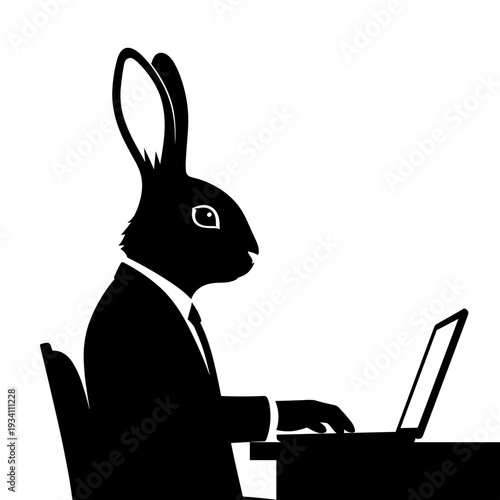 Rabbit in Suit Working on Laptop Computer.