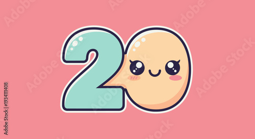 Digital illustration of number 20 with face and smile on a salmon background