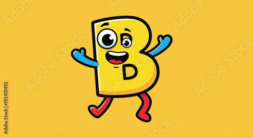 Playful Letter D Character Smiles in Dynamic Pose Bright Yellow Background