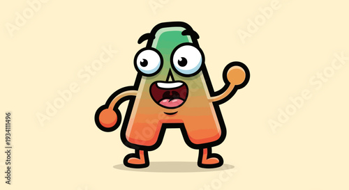 Cheerful A letter character waves, colorful body, smile on yellow backdrop