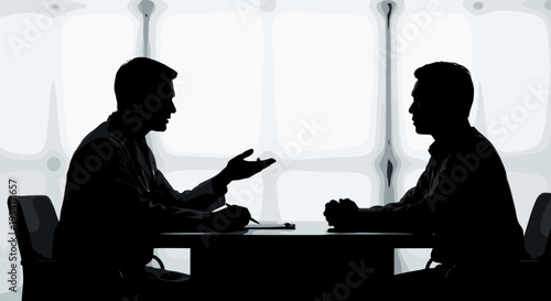 Two Men Silhouetted in Conversation.