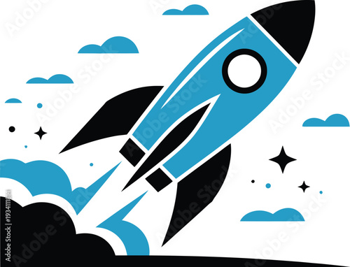 A blue rocket ship blasts off into a cloudy sky with stars and smoke nearby quickly.