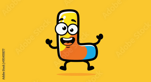 Friendly Capsule Character Waves Cheerfully in Bright Yellow Cartoon Scene Front