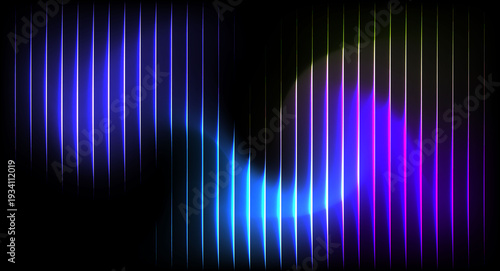 Abstract Blue and Purple Ribbed Glass Wave with Neon Gradient and Vertical Light Lines on Dark Background
