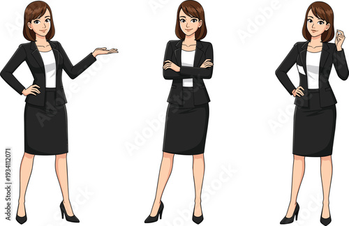 Confident businesswoman character set in formal black suit, professional corporate female illustration isolated on white background for presentation
