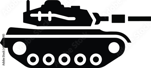 Silhouette of a tank with a turret a long barrel and treads with wheels