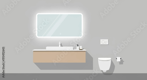 Modern Bathroom Interior with Toilet, Sink, Mirror, and Fixtures in a Clean Environment