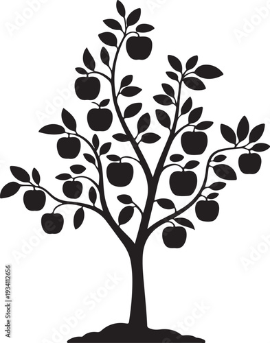 Black silhouette of an apple tree with fruit and leaves on white