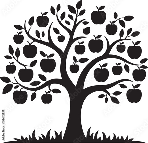 Black silhouette of apple tree with fruit and leaves on white