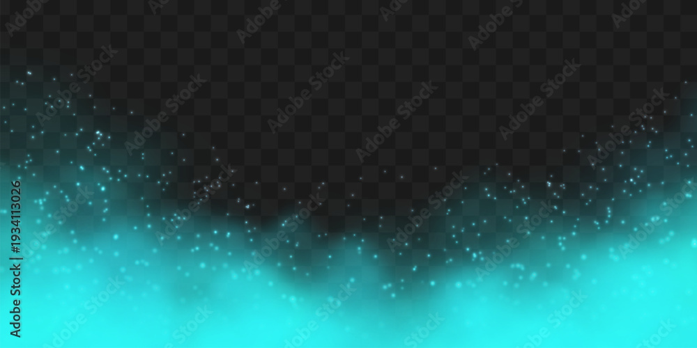 Fototapeta premium Vivid magic blue smoke cloud with glowing effect on black transparent background. Neon cyan fog with subtle sparkle particles.