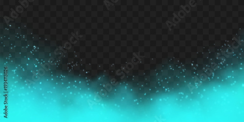 Vivid magic blue smoke cloud with glowing effect on black transparent background. Neon cyan fog with subtle sparkle particles.