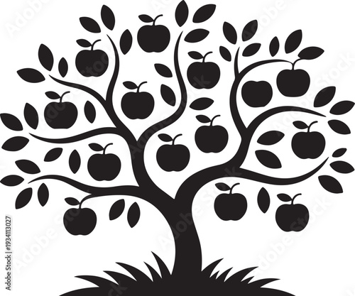 Black silhouette of apple tree with fruit and leaves on white
