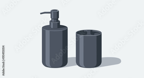 Bathroom accessories including a dispenser bottle and a container standing on a plain surface viewed from the front