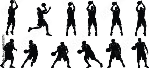 Basketball player silhouettes set with professional athletes dribbling shooting and jumping actions isolated on white background for sports graphic design