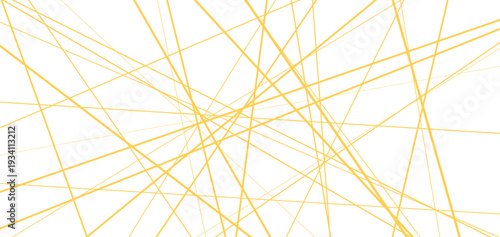 Random modern asymmetric gold linear backdrop with abstract geometric pattern on white background. Chaotic straight lines and fine golden lattice mesh