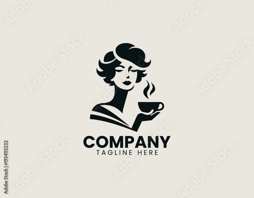 Elegant woman holding coffee cup in clean modern cafe lifestyle vector illustration