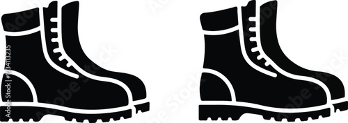 Two black boots sidebyside each with laces and a thick sole