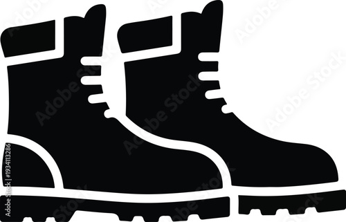 Two black work boots They are side by side detailed outline The soles have defined treads