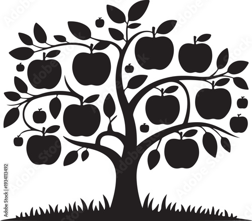 Black silhouette of apple tree with fruit and leaves on white