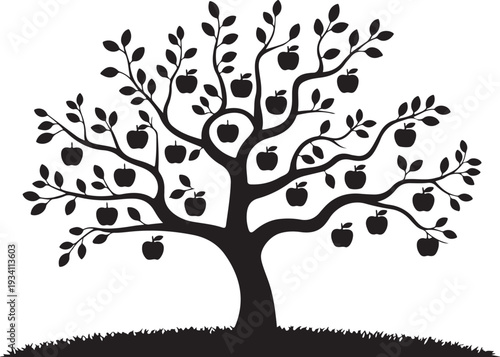 Black silhouette of apple tree with fruit and leaves on white