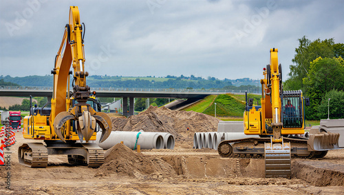 Photography Excavators and construction materials at a busy road building site