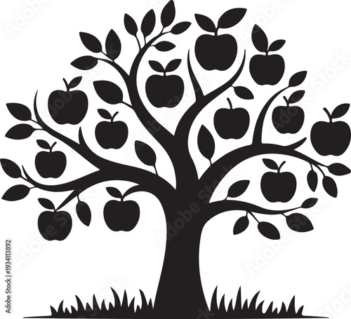 Black silhouette of apple tree with fruit and leaves on white