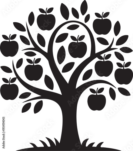 Black silhouette of apple tree with fruit and leaves
