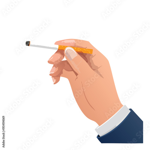 Hand holding lit cigarette with orange filter against white backdrop