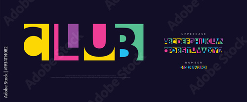 Club colorful alphabet, art colored letters, joyful funny font for bright geometric logo, Mexican or Indian fest headline, birthday greeting card, school project design. Vector typographic design
