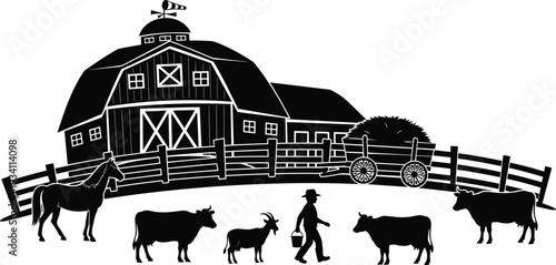 Black Silhouette Farm Scene With Barn Animals Farmer And Hay Wagon silo horse