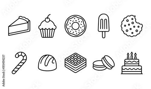 Minimal Dessert Outline Icon Set Black White Sweet Food Vector Illustration Isolated