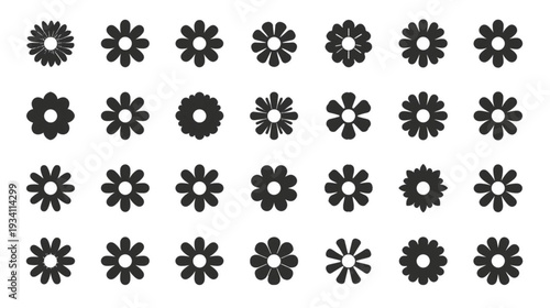 A collection of monochrome flower silhouettes arranged in a grid pattern