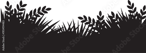 Black silhouette of grass and plants on white background
