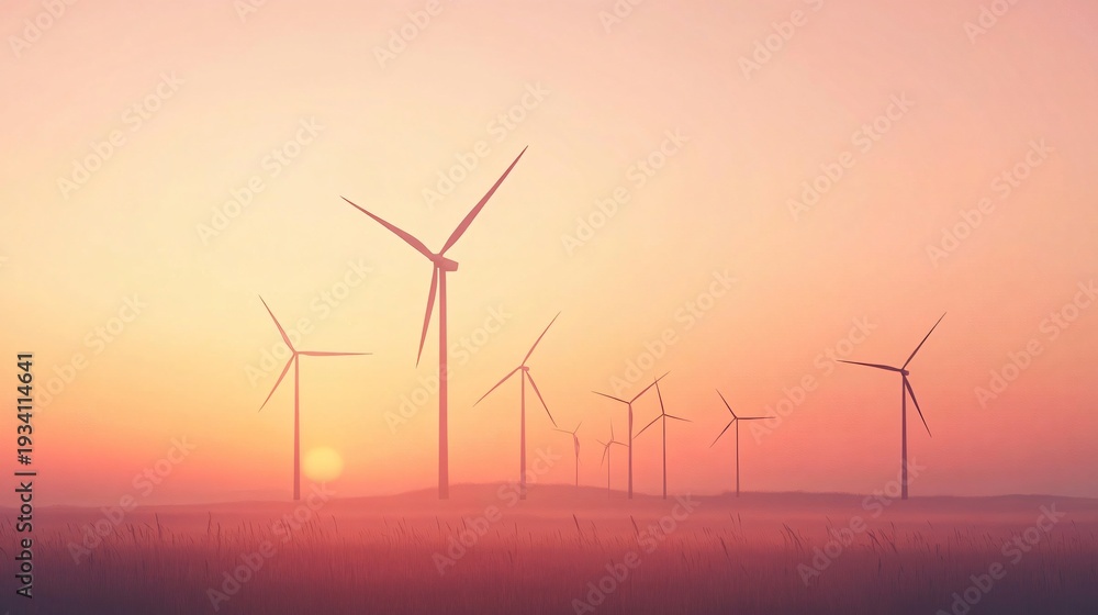 Fototapeta premium Wind turbines at sunset over misty landscape, renewable energy wind farm and sustainable electricity generation illustration