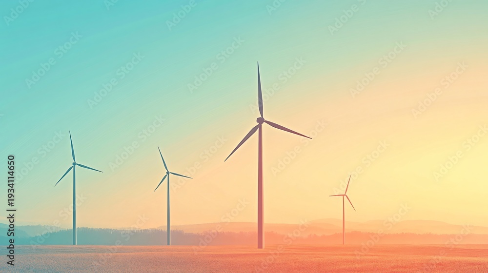 Obraz premium Wind turbines in colorful sunset landscape, renewable energy wind farm and sustainable electricity generation illustration