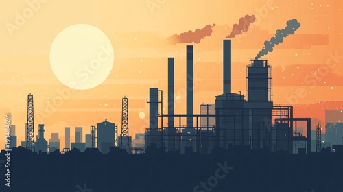 Industrial factory skyline with smokestacks at sunset, heavy manufacturing plant and energy industry illustration