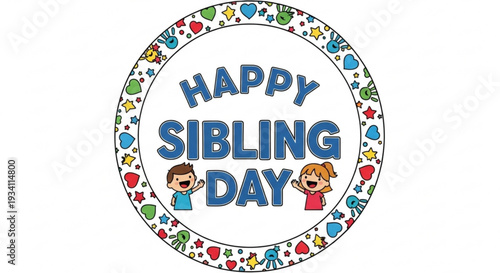 Happy sibling day greeting with cartoon kids and colorful hearts on white background for family celebration
