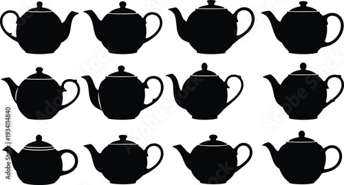 Collection of vintage teapot silhouettes in black, classic ceramic tea pots isolated on light background, kitchenware illustration set for design, logo, packaging, and decor