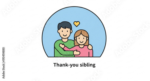 Smiling siblings showing appreciation and love with a heart above them in a blue circle