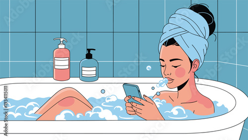 young woman relaxing in a bathtub full of soap bubbles while using her smartphone and having a towel on her head.